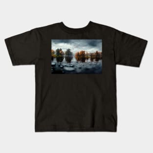 Foggy Lake Falling Raindrops On A Rainy Autumn Day Kids T-Shirt